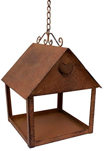 Metall Futterhaus Hängen Herz Rost Deko aufhängen Vogelfutterhaus Vogelhaus Vogelhäuschen edel Futterstation Vögel Vogelstation Baum braun Eisen stabil Edelrost wetterfest Herbst Winterdeko (Motiv 1)