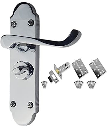 Golden Grace Victorian Scroll Bathroom Door Handles on Shaped Backplate in Polished Chrome with Hinges & Latch, Privacy Set - 168mm x 40mm