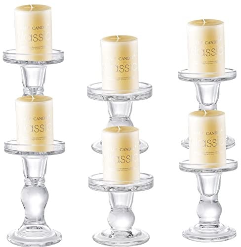 Okllen Set of 6 Glass Candle Holders, Clear Pillar Taper Candlestick Crystal Tealight Candle Holder Stand for Dinner Table, Wedding Centerpieces, Living Room, Home Decor