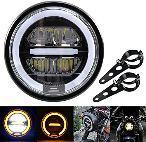 NATGIC Motorrad Scheinwerferlampe 5,5 Zoll Vintage Retro Motorrad Kopflampe mit Schwarzer Halterung (31mm-39mm) Motorrad Fern-/Abblendlicht für H-Arley H-onda Cafe Racer (Gelbe Lichter)