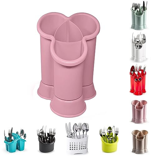 4 Compartments High Grade Plastic Sink Tidy Round Cutlery Drainer Caddy Holder, Utensil Drainer for Home and Kitchen Drain Box Sink Cleaning Up (Pink - Design 2)