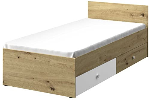 Marmex Nero NR 14 - Jugendbett, Einzelbett, Bett mit Schubladen für Kinder, Liegefläche 90x200 (Eiche Artisan + weiße Matte + (weißer Griff))