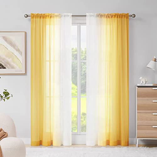 Melodieux Gardinen mit Kräuselband Ombre Transparent Vorhänge für Schlafzimmer 2er Set, 175x140cm Gelb