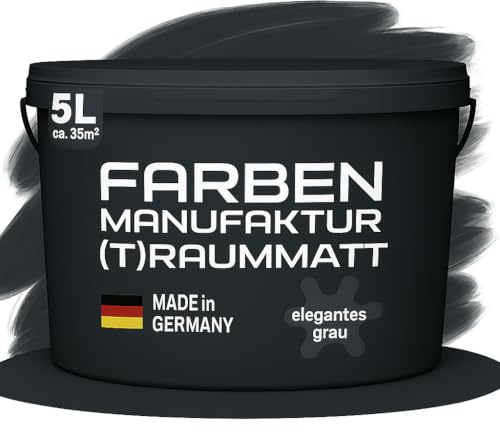 Farben Manufaktur (T) raummatt Wandfarbe Innenwandfarbe Innenfarbe Dispersionsfarbe Trendfarbe 2022 1/2/5/10L, Farbe: elegantes grau, Größe: 5L