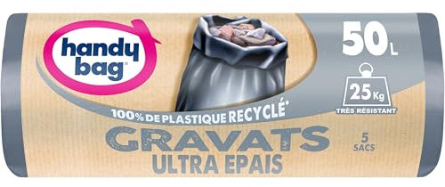Handy Bag - Sacs poubelle gravats 50L x 5 sacs - Ultra Épais : supporte jusqu'à 25kg - Ultra Résistant - Étanchéité maximale - 100% plastique recyclé