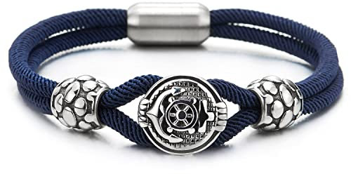 COOLSTEELANDBEYOND Herren Damen Zweireihige Blau Nautisch Marine Yacht Seil Armband mit Edelstahl Anker Charme