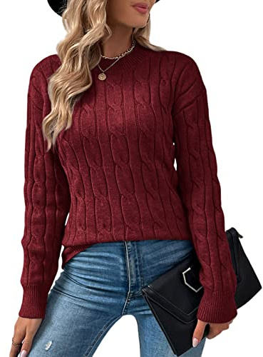 RITOSTA Pull Femme Hiver Chic Pullover Col Rond Pull Chaud Jacquard Sweater Vintage Pulls Tricot à Manches Longues Tops Casual Chandail Automne(Vin Rouge,L)