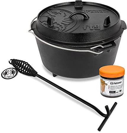 Petromax Feuertopf (Dutch Oven) Set´s (FT9, mit Standfüssen) | Original Gusseisen | mit Deckelheber und Pflegepaste | ohne Einbrennen | Einsteiger-Set | robust & vielseitig