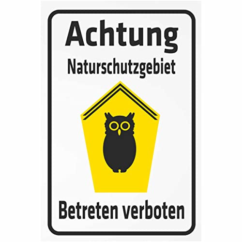 INDIGOS UG - Aluverbundplatte Schilder 3mm - Sicherheit - Achtung Naturschutzgebiet - Betreten verboten - Eule auf gelben Grund - 300x200 mm - Hotel, Firma, Schutz, KITA, Arzt, Praxis