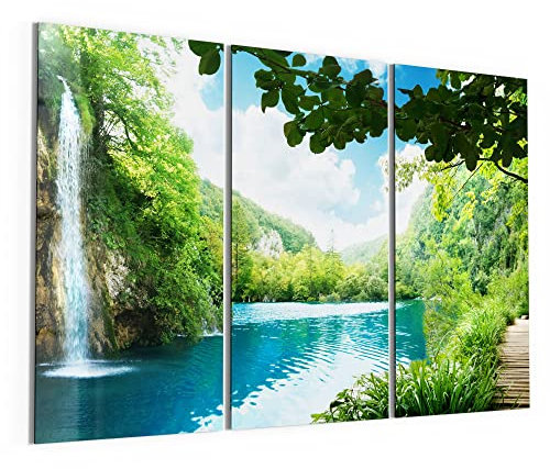 DEQORI Glasbilder Echtglas | Motiv Wasserfall im grünen Wald | horizontal 3-teilig 150x100 cm | große XXL Deko | Wandbilder für Wohnzimmer, Schlafzimmer, Flur & Küche | moderne Wanddeko