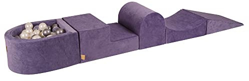 MEOWBABY Schaumstoff Bausteine Kinder - Bausteine XXL aus Schaumstoff mit Bällebad und 100 Bälle für Kinder - Baby Softbausteine zum Klettern, Samt, Graublau