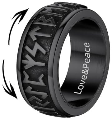 Supcare Personalisierter Viking Rune Ring für Herren - Edelstahl Spinner mit Gravur, Fidget Fingerring, Hip Hop Drehbarer Bandring, Schwarz Stimmungsring, Punk Modeschmuck für Vater