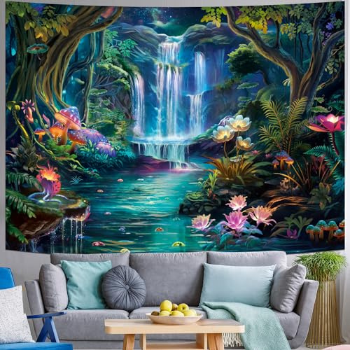 Generleo Wandteppich, Motiv: Wald, Wasserfall, Pilz, Blume, Wandteppich, bunte Blumenpflanzen, Wandteppich, Fantasie-Landschaft, Wandteppich, Wandbehang für Schlafzimmer-Dekor