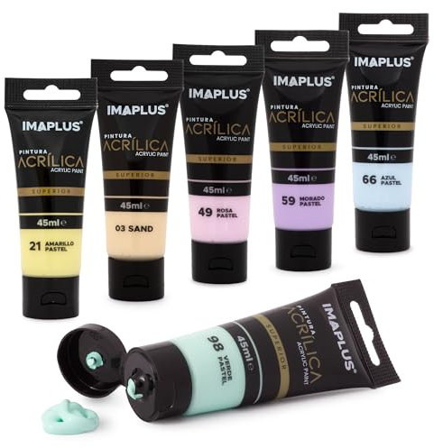 IMAPLUS Pintura Acrílica 6 x 45 ml - Pack pinturas, 45 Colores, 6 Tubos o botes de Pintura, No Tóxica, para Manualidades, Lienzos, Tela, Madera - Pack Pastel