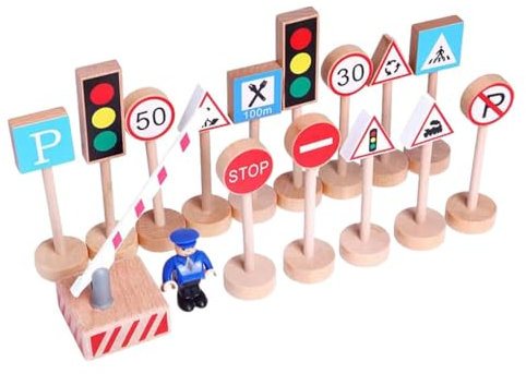 lerwliop Panneaux de signalisation routière passionnants, Jouet en Bois pour Enfants, Temps de Jeu adapté au pré-Apprentissage, Figurines variées, 16 pièces