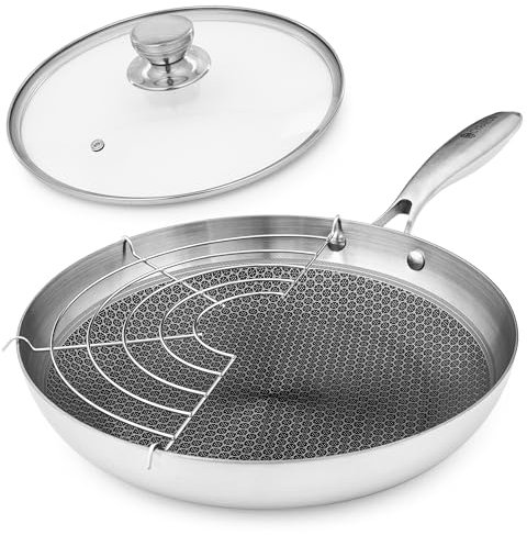 Cyraeon Stainless Steel Frying Pan 26cm with Non-Stick Honeycomb Design and Stay Cool Handle. Compatible with All Stovetops, Oven and Dishwasher Safe. Glass Lid and Rack Included.