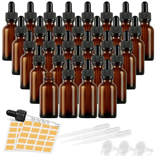 Xaztr 30Pcs Amber Glass Bottle, 30ml Glass Dropper Bottle with Glass Pipette Tincture Bottles Empty Essential Oils Bottles with Funnel and Label for Perfume, Liquids
