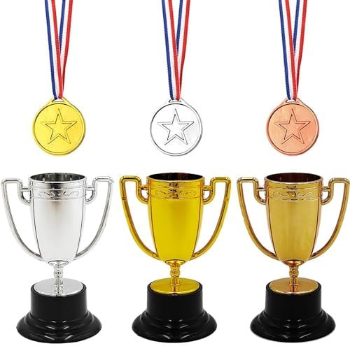 HAOBIN 6 Stück Trophäen Medaillen Set 3 Stück Sportfest medaillen Gewinner Medaillen Kunststoff 3 Stück Trophäen mini Trophy Cup Geeignet für Geburtstagsfeiern,Schulsportfeste