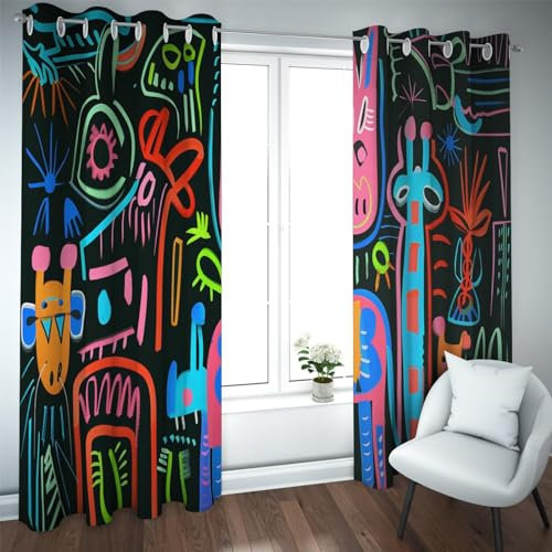 TOANGWALL Street Graffiti Verdunkelungsvorhänge für Wohnzimmer Schlafzimmer Dekor Bunte Cartoon-Muster mit einfachen Strichen Fenstervorhänge 2 Paneele B132xH245cm