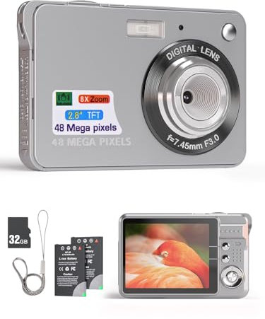 Andoer Cámara digital de 48 MP, TFT de 2,8 pulgadas, enfoque automático, zoom digital de 16x, función antivibración, reconocimiento facial, grabación de sonrisas, con 2 baterías, tarjeta TF de 32 GB,