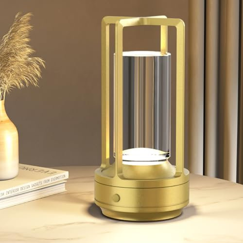 Hapfish LED Tischlampe Kabellos Akku, 3000mAh USB Aufladbar Moderne Kristall Tischleuchte, Aluminium Wasserdicht mit Griff, Tischlampen Dimmbar für Restaurant Outdoor Nachttisch Wohnzimmer(Gold)