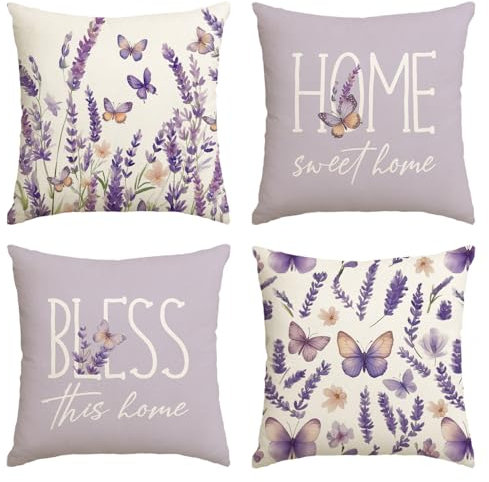 Artoid Mode Lila Lavendel Schmetterling Frühling Kissenbezüge 4er Set, 45x45 cm Sommer Home Sweet Home Saisonnal Zierkissenbezug Cushion Cover Deko