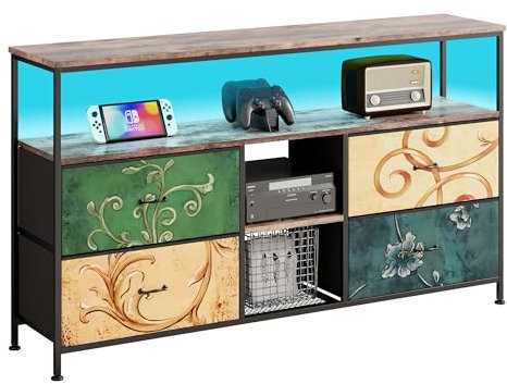 LONELYO Meuble TV, Buffet Cuisine, Commode Chambre, Étagères et Tiroirs Amovibles, Design Floral Vintage, Tablette de Rangement Multifonction, Pieds Réglables,137x30x78cm