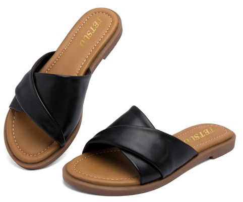 Women's Dressy Flat Sandals Open Toe Slip On Black Slide Sandals Comfort Strappy Slippers for Summer