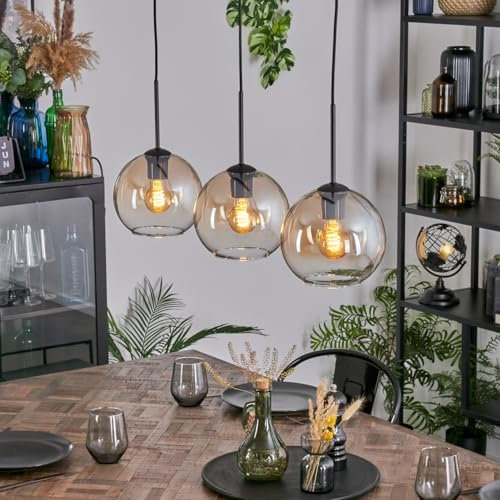 HOFSTEIN Koyoto Suspension à 3 ampoules en métal/verre noir/ambre/transparent, suspension moderne au design rétro/vintage (abat-jour Ø 20 cm), E27, salle à manger, salon, cuisine