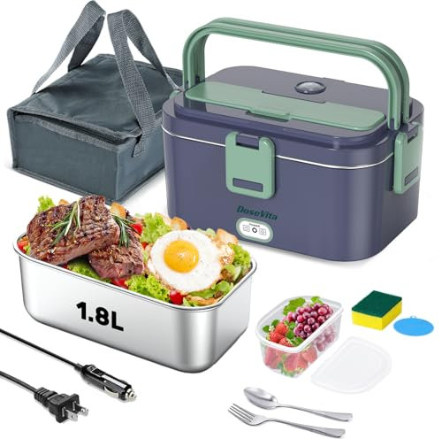 Dosevita 80W Fiambrera Eléctrica,Calentador de Comida Portátil con Recipiente de Acero Inoxidable de 1.8L, 12/24/220V Fiambrera Calentable para Hombre para Coche Camión Trabajo (1,8L Azul Zafiro)