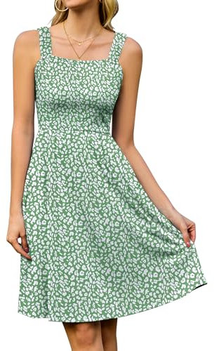 StylSense Sommerkleid Damen Knielang Ärmelloses Blumenkleid mit Quadrat-Ausschnitt Strandkleid mit Taschen für Strand Urlaub (Grün,2XL)