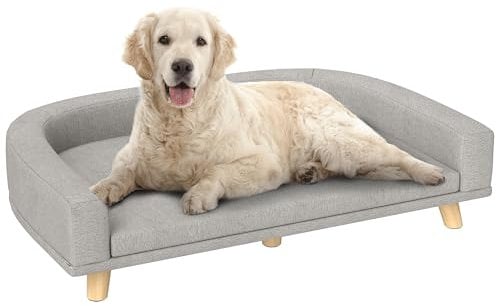 PawHut Hundesofa Hundecouch für große Hunde mit Rückenlehne, Holzbeine Hundebett mit abnehmbarem, waschbarem Bezug Haustiersofa Katzensofa bis 30 kg, 98 x 67 x 25 cm, Grau