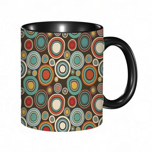 reyawdf 330ml Original Printed Ceramic Mug,Vintage Style Round Shapes Colorful Bullseye Circles Pattern on Dark,Durable Dishwasher-Safe Coffee Cup Unique Gift for Coffee & Tea Lovers Friends & Family