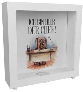 Hier ist der Dackel der Chef Rahmen Spardose aus Holz - Dackel auf Bürostuhl Lustige Sparbüchse für Bürohund-Fans