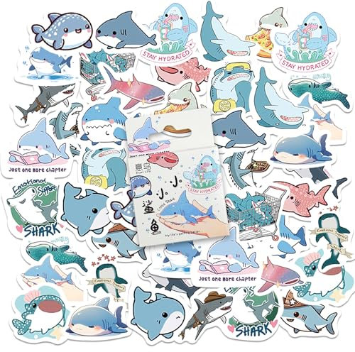46 Stücke Nette Hai Aufkleber, Cartoon Marine kleine Haie Aufkleber für Kinder Teens Erwachsene Reisekoffer, Laptop, Planer, Kalender, Scrapbook, Koffer, Notizbücher, Journal