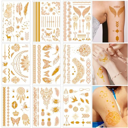 Zasiene Tatouage Ephemere Femme Doré, 9 Feuilles Autocollants de Tatouages Ephémère Métallisé Doré, Faux Tatouage Festival Fête, Aux Adultes, Filles, Festival Fête