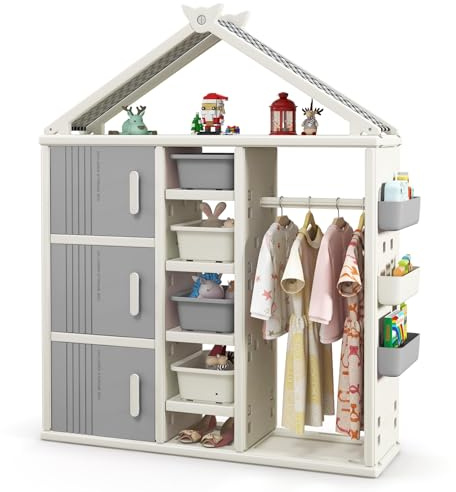 COSTWAY Kinderregal in Hausform mit Kleiderstange, Bücherregal Kinder, Spielzeugregal mit Regalen, Seitenkörben & 4 Aufbewahrungsboxen, Spielzeug Organizer Spielzeugschrank für Kinderzimmer (Grau)