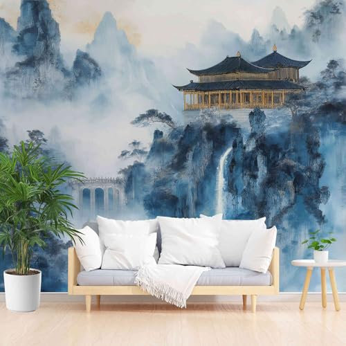 Gaqinhh Bâtiment Paysage Chinois Traditionnel Papier Peint Panoramique 400 x 280 cm (L x H), Blanc Salon Canapé Chambre Fond Décoration Murale, Papier Peint Panoramique 3D