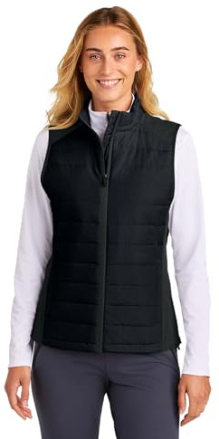 SPORT-TEK Women's Teknical Hybrid Vest | Lightweight Insulated Zip Up Vest, Water Repellent, Adjustable Hem, Zip Pockets, Black, X-Large