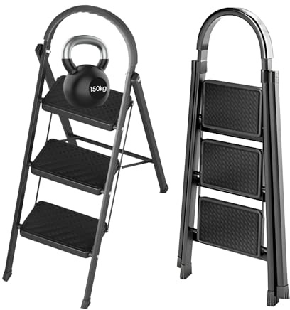 3 Stufen Trittleiter Klappbar, Klappleiter 3 Stufe mit Sicherheitsbügel 150 kg Belastbar, Leiter 3 Stufen aus Eisen, Leichtgewicht Haushaltsleiter für Küche, Haushalt, Garten, Renovierung (Schwarz)