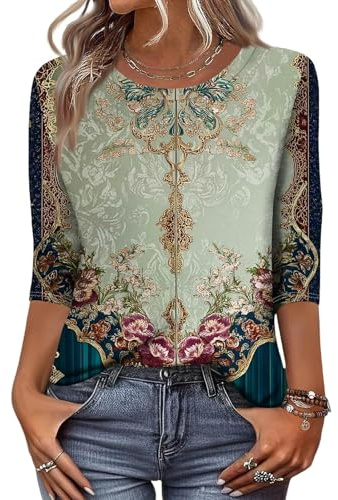 Top Madame Manche 3/4 Grande Taille Printemps Tee Shirt Sport Mod Imprimé Col Rond Famme Detente Confortable
