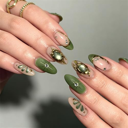 30Pcs Almond False Nails - French Tip Natural Green Style - Medium Length Glossy Full Cover Press On Nails With Elegant Green Pattern - Stick On nails For Women Daily Wear Nail Art Gifts Accessories