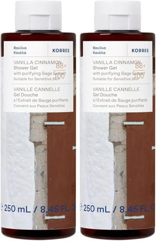 KORRES VANILLA CINNAMON Duschgel mit reinigendem Salbei-Extrakt, mit winterlich-süßem Vanille Zimt Duft, dermatologisch getestet, vegan, silikon- und parabenfrei, 250 ml (Packung mit 2)