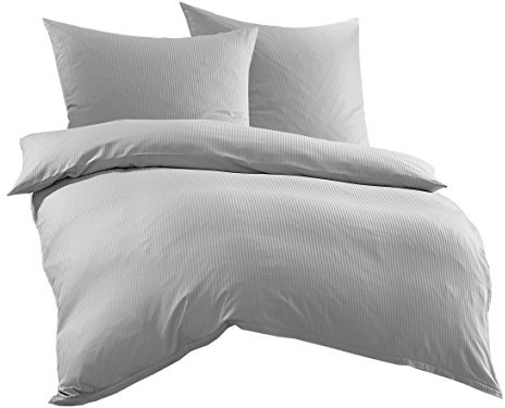 Bettwaesche-mit-Stil Mako-Satin Damast Streifen Bettwäsche Linea 4mm 100% Baumwolle gestreift (200cm x 220cm + 2X 80cm x 80cm, Grau)