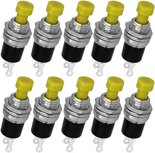 WITTKOWARE Miniatur-Drucktaster, Einbau-Ø 7mm, AUS-(EIN), 1 Schließer-Schaltkontakt, 0,5A/250V~ (10 Stück, Tastenfarbe gelb)