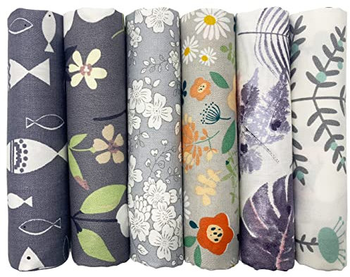 6 Stück Baumwollstoff Meterware Stoff je 50CM x 50CM, Reiner Baumwolle, Stoffe zum Nähen, Patchwork Stoffpaket zum Quilten DIY Basteln Handwerken, Quadrate Baumwolltuch, Modischen Mustern (Grau)
