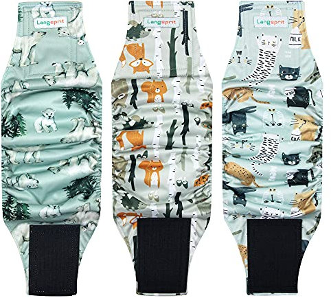 Langsprit Rüdenwindeln, hochabsorbierende Windeln für männliche Hunde, waschbar, Wiederverwendbare Hundewindeln, Fuchs, Katze, Eisbär, Größe L, 3 Stück