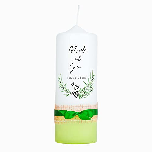 Hochzeitskerze | Schlicht | 15-30 cm Höhe | Trauung | Personalisierte Kerze | Hochzeitsgeschenk personalisiert | Traukerze (15 cm, Weißer Kerzenfuß mit naturfarbenem Strick ummantelt)