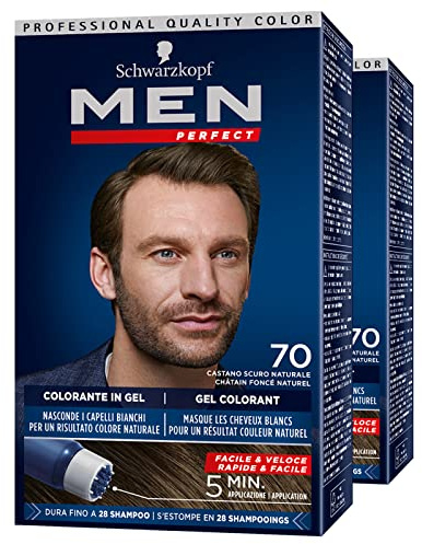 2x Schwarzkopf Men Perfect Tinta Gel Colorante Facile & Veloce per Capelli Bianchi Colore 70 Castano Scuro Naturale Colorazione per Uomo Resistente fino a 28 Lavaggi - 2 Confezioni