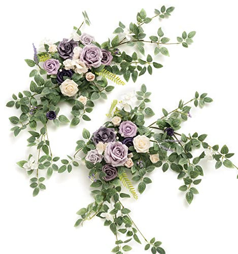 Ling's Moment 2PCS Artificial Floral Swags Centerpieces Wedding Flower Purple Rose Garland Greenery Arrangements for Sweetheart Head Table Decor Car Wall Window Arch Garden Decor Lilac & Gold